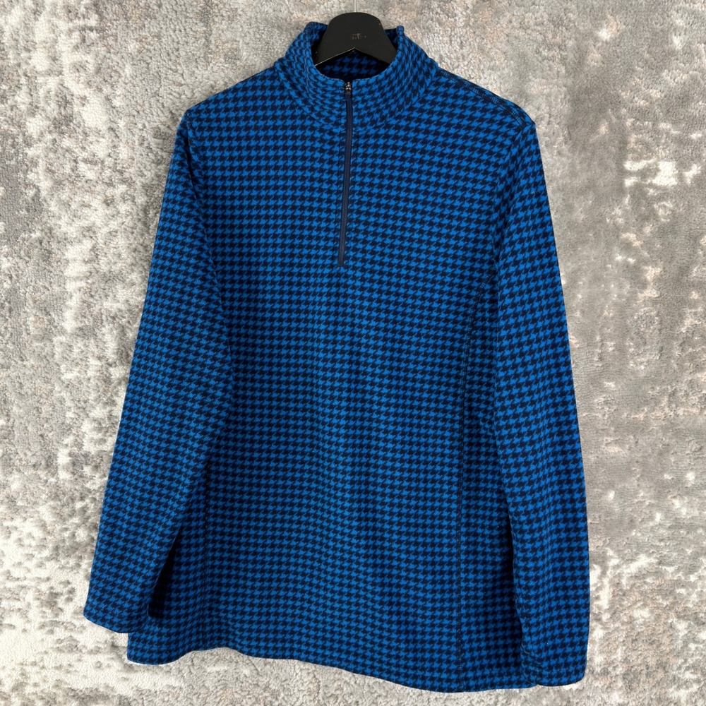 Lands End Tall Sz XL Houndstooth Fleece 1/4 Zip Pullover Blue Long Sleeve Womens